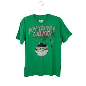 Star Wars Baby Yoda Joy To The Galaxy Christmas T-Shirt Size Medium Green NWT
